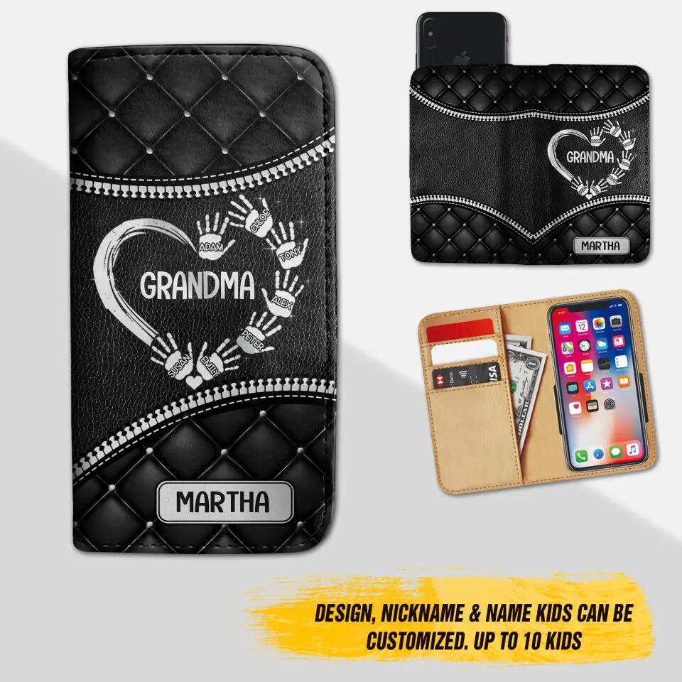 Personalized Grandma Kid Name Heart Hand Phone Leather Wallet 22NOV-DT12