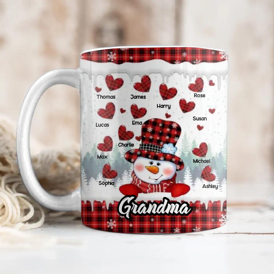 Personalized Grandma Snowman Kid Name Heart Caro Printed Accent Mug 22NOV-DT17