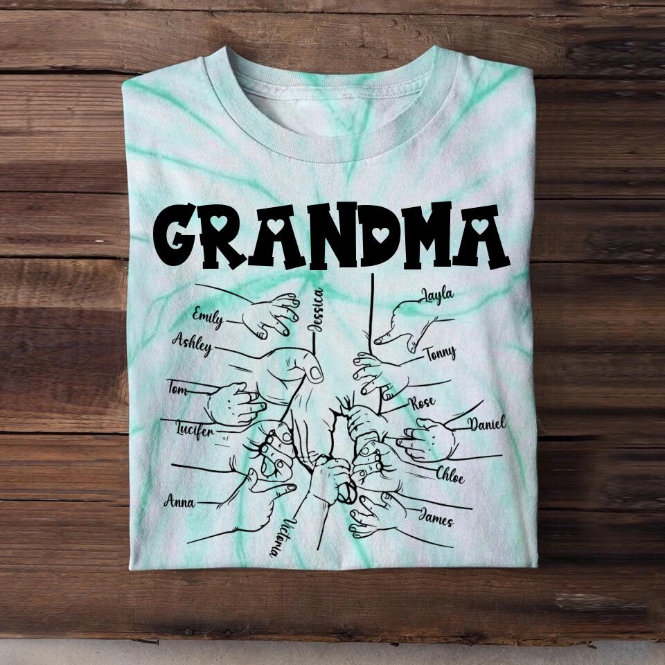 Personalized Grandma Kid Name Hand Printed Tie Dye Tshirts 22NOV-DT18