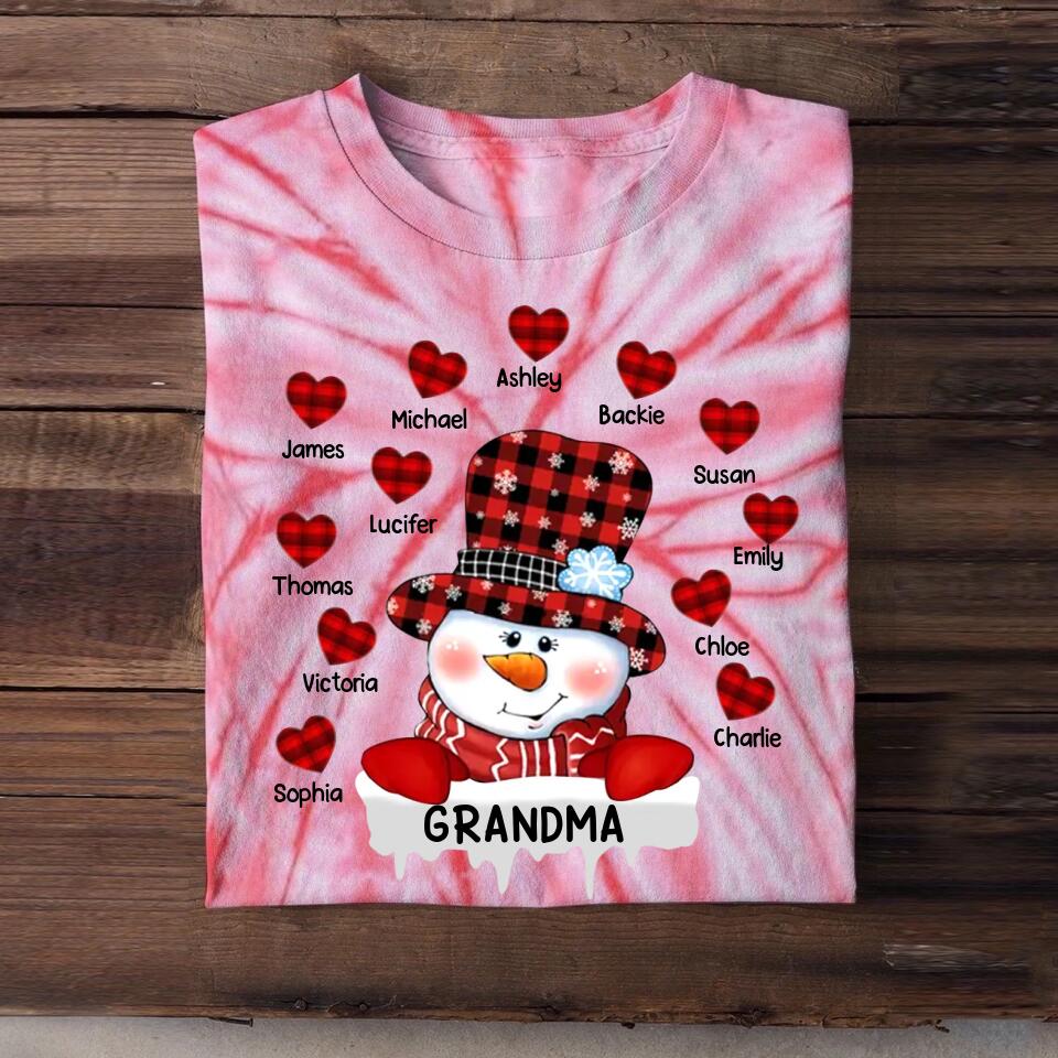 Personalized Grandma Snowman Kid Name Heart Christmas Printed Tie Dye Tshirts 22NOV-DT21