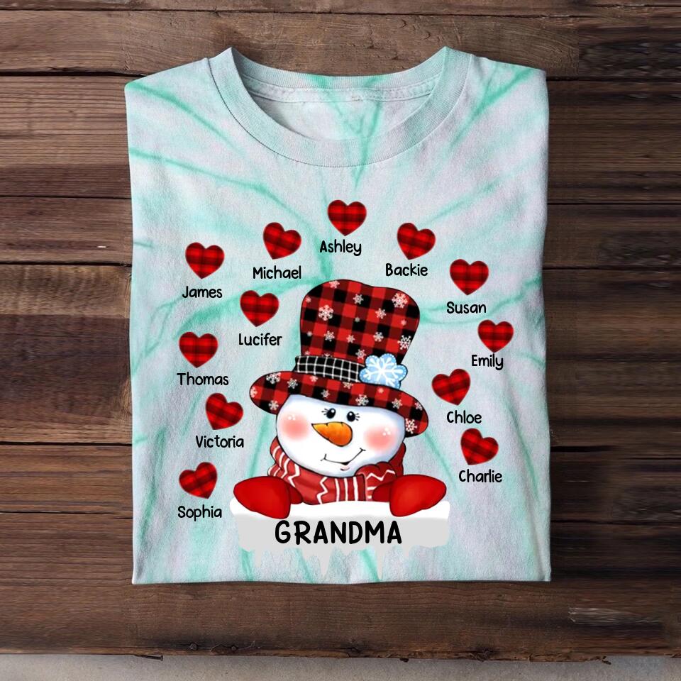 Personalized Grandma Snowman Kid Name Heart Christmas Printed Tie Dye Tshirts 22NOV-DT21