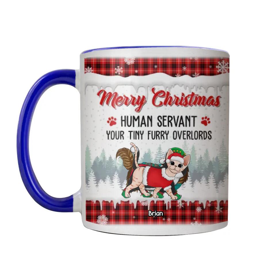 Personalized Merry Christmas Human Servant Your Tiny Furry Overlords Cat Printed Accent Mug 22NOV-DT22