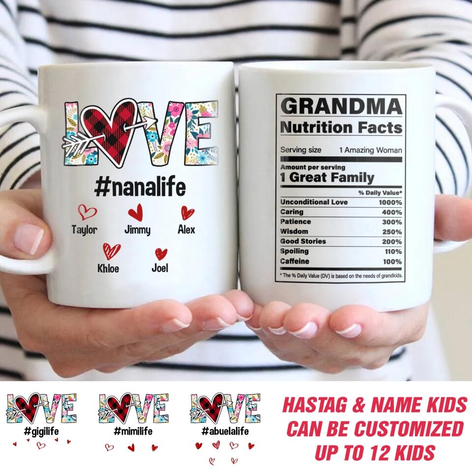 Personalized Grandma Nutrition Facts Love & Kid Name Mug Printed QTDT0712