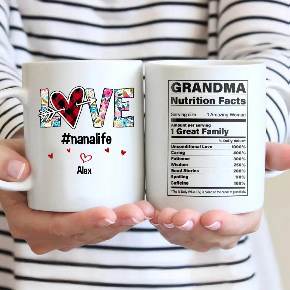 Personalized Grandma Nutrition Facts Love & Kid Name Mug Printed QTDT0712