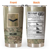 Personalized Veteran Nutrition Facts With UK Rank Camo Tumbler Printed 22DEC-DT22