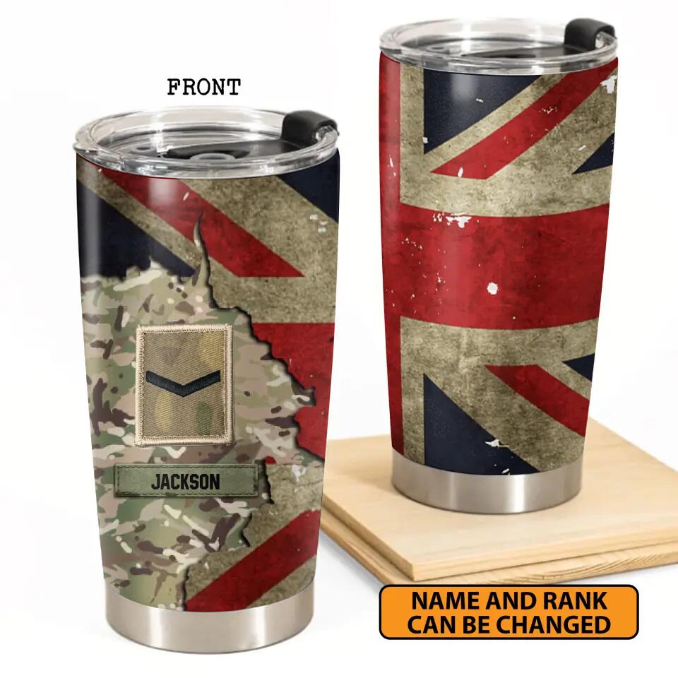 Personalized UK Veteran/Soldier Rank Camo Tumbler Printed 22DEC-HY23