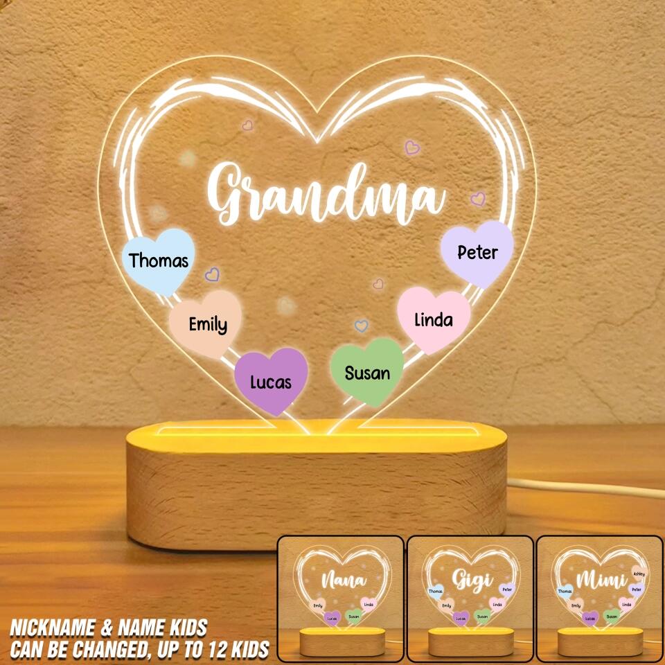 Personalized Grandma Nana Aunt Mom Kid Name Heart Led Lamp Printed QTDT0901