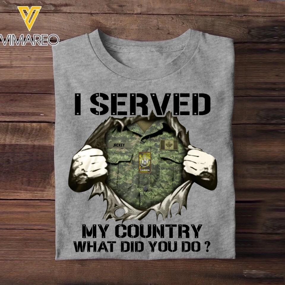 Personalized Canadian Soldier/ Veteran I Served My Country What Did You Do Printed Tshirts 23JAN-HQ18