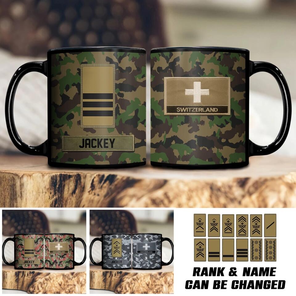 Personalized Swiss Soldier/ Veteran Rank Flag Camo Black Mug Printed 23FEB-HQ01