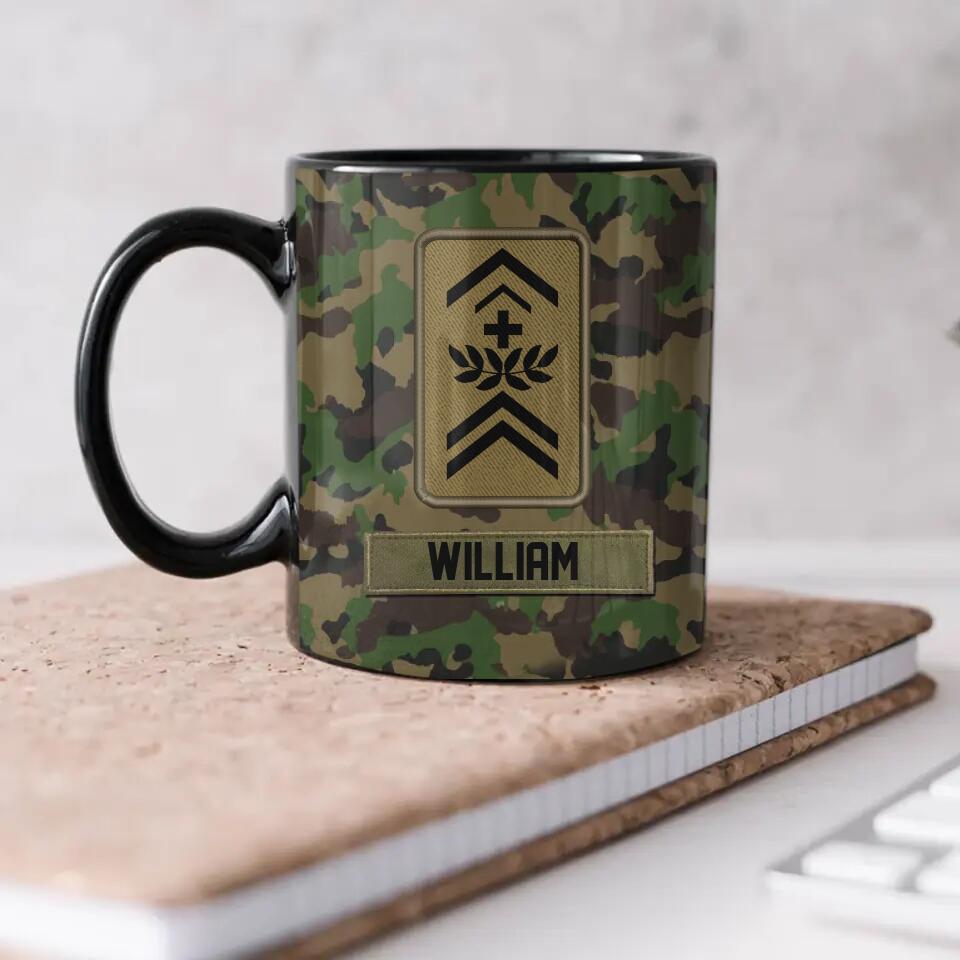 Personalized Swiss Soldier/ Veteran Rank Flag Camo Black Mug Printed 23FEB-HQ01