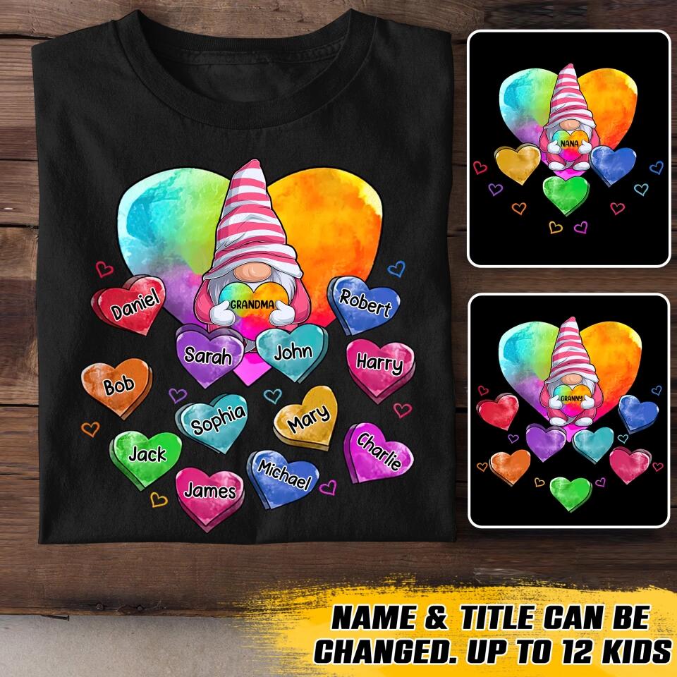 Personalized Grandma Gnome Hearts & Kid's Name Tshirt Printed 23FEB-VD13