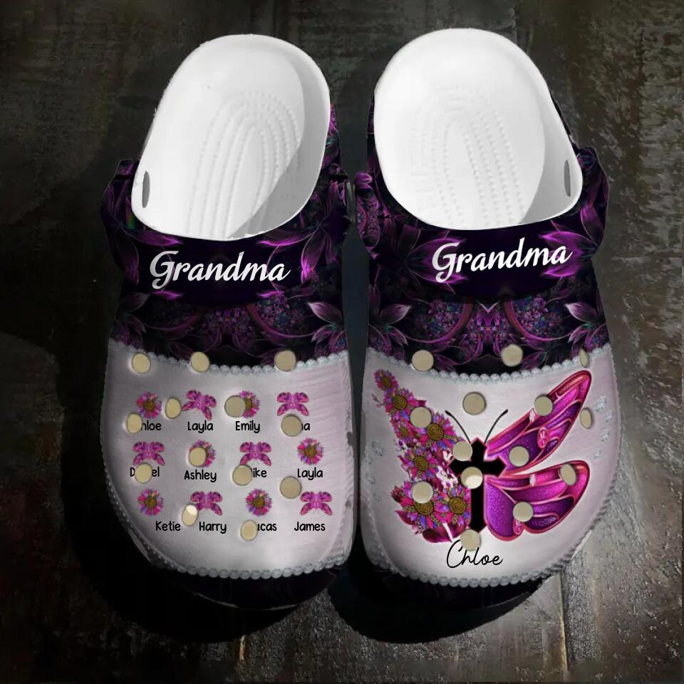 Personalized Grandma Mom Nana Aunt Butterfly Kid Name Sunflower Clog Slipper Shoes Printed PNVD1402