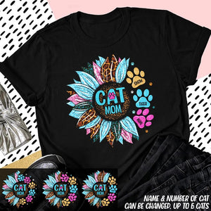 Personalized Tie Dye Leopard Sparkling Sunflower & Cat Mom Tshirt Printed 23FEB-DT16