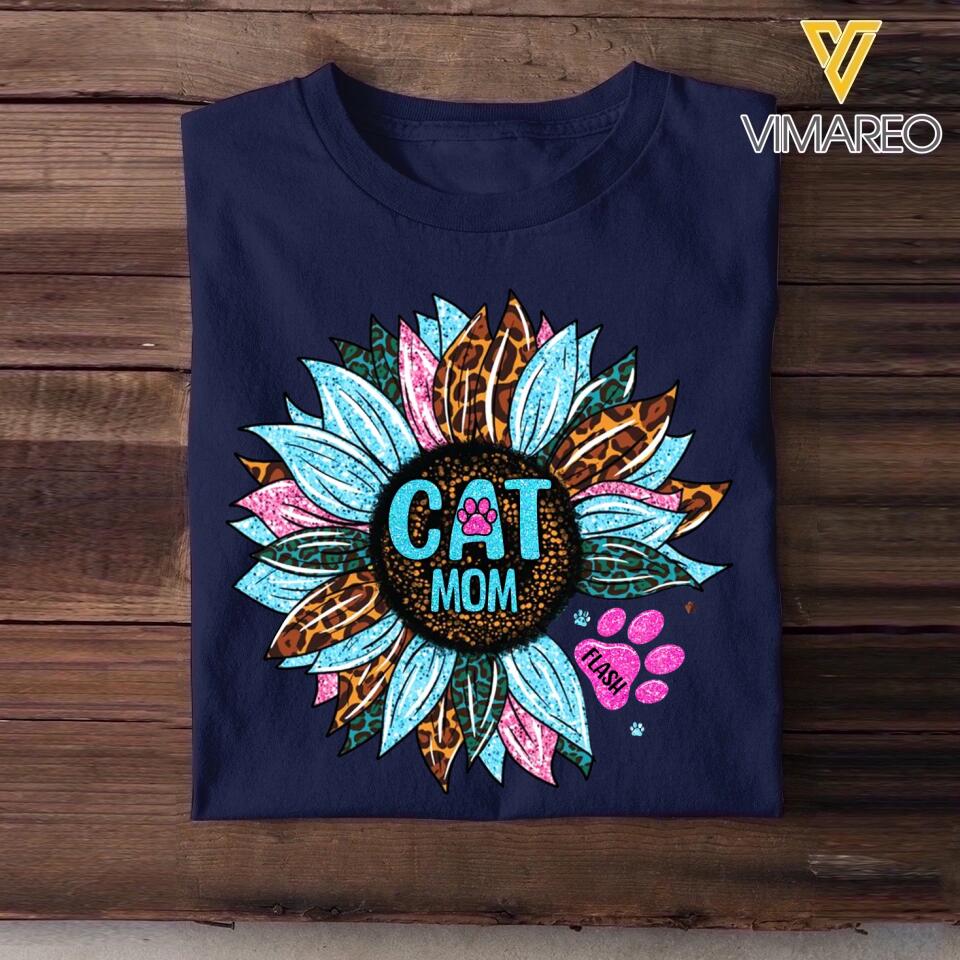 Personalized Tie Dye Leopard Sparkling Sunflower & Cat Mom Tshirt Printed 23FEB-DT16