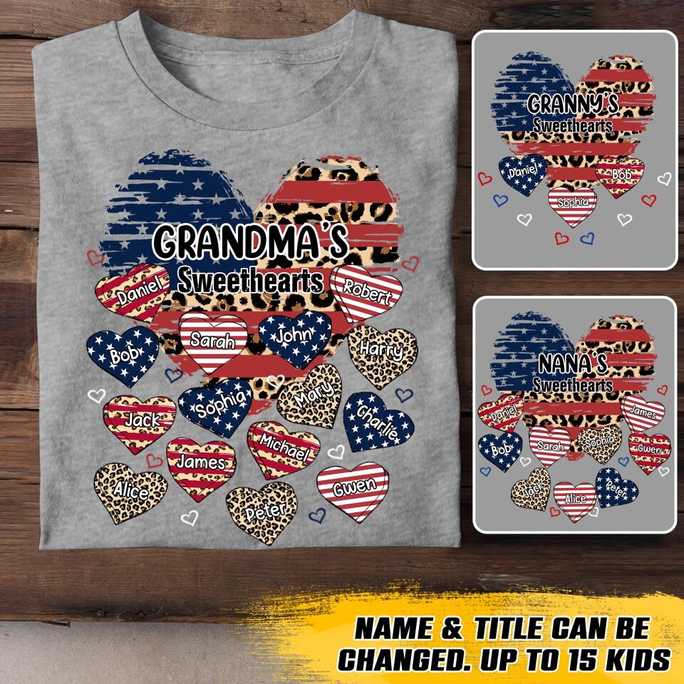 Personalized Grandma's Sweethearts with US Flag & Kid's Name Tshirt Printed 23FEB-VD18