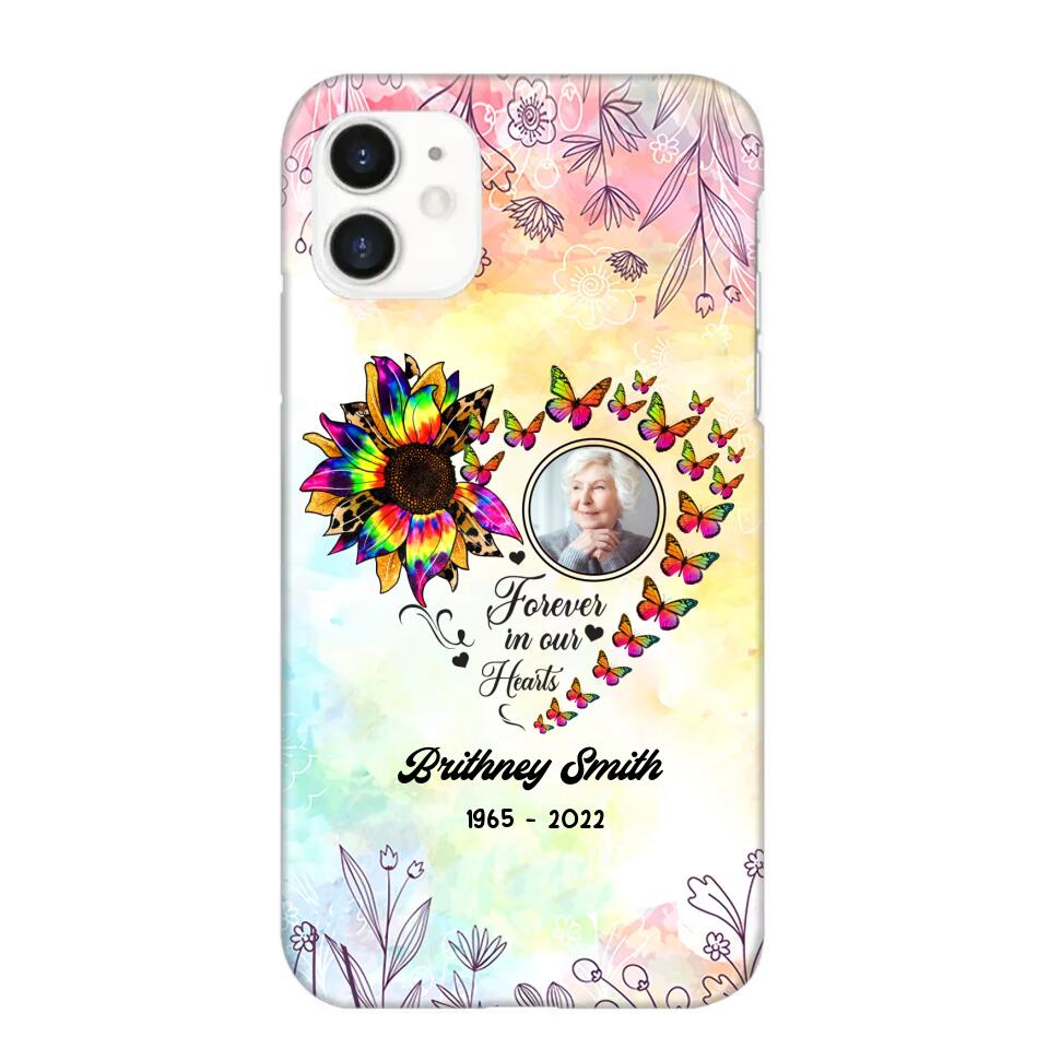 Memorial Upload Photo, Sunflower Heart Forever In Our Hearts Personalized Phone case Printed QTHQ2002