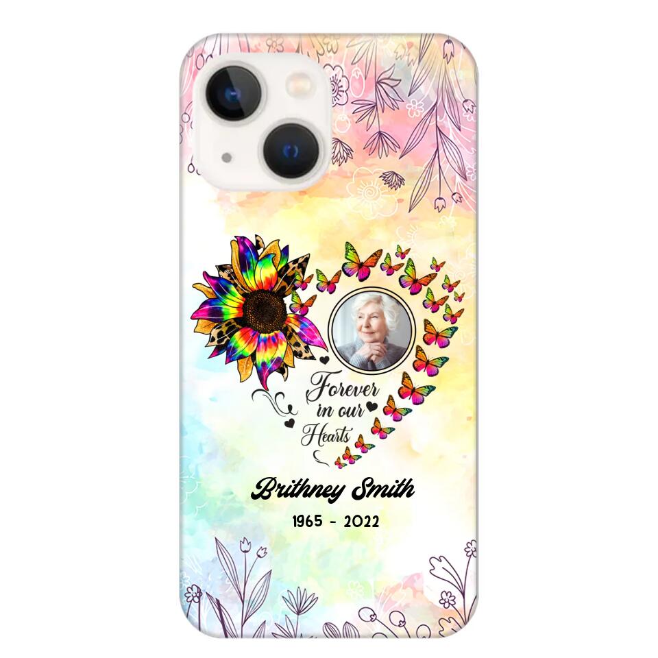 Memorial Upload Photo, Sunflower Heart Forever In Our Hearts Personalized Phone case Printed QTHQ2002