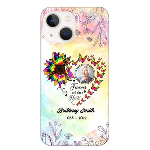 Memorial Upload Photo, Sunflower Heart Forever In Our Hearts Personalized Phone case Printed QTHQ2002