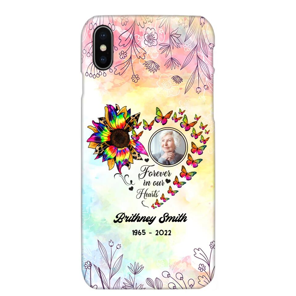 Memorial Upload Photo, Sunflower Heart Forever In Our Hearts Personalized Phone case Printed QTHQ2002