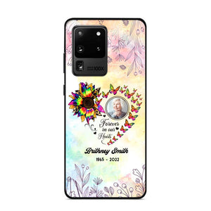 Memorial Upload Photo, Sunflower Heart Forever In Our Hearts Personalized Phone case Printed QTHQ2002