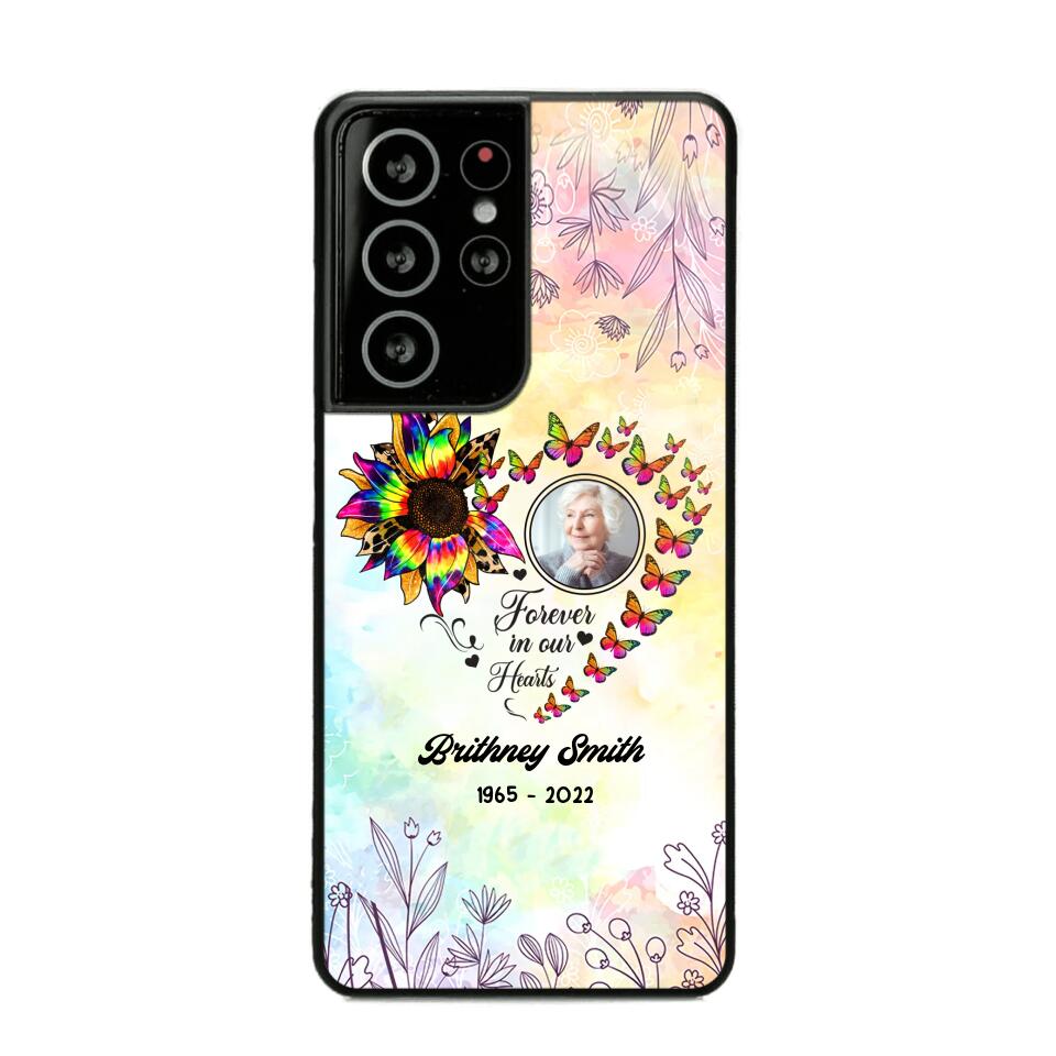 Memorial Upload Photo, Sunflower Heart Forever In Our Hearts Personalized Phone case Printed QTHQ2002