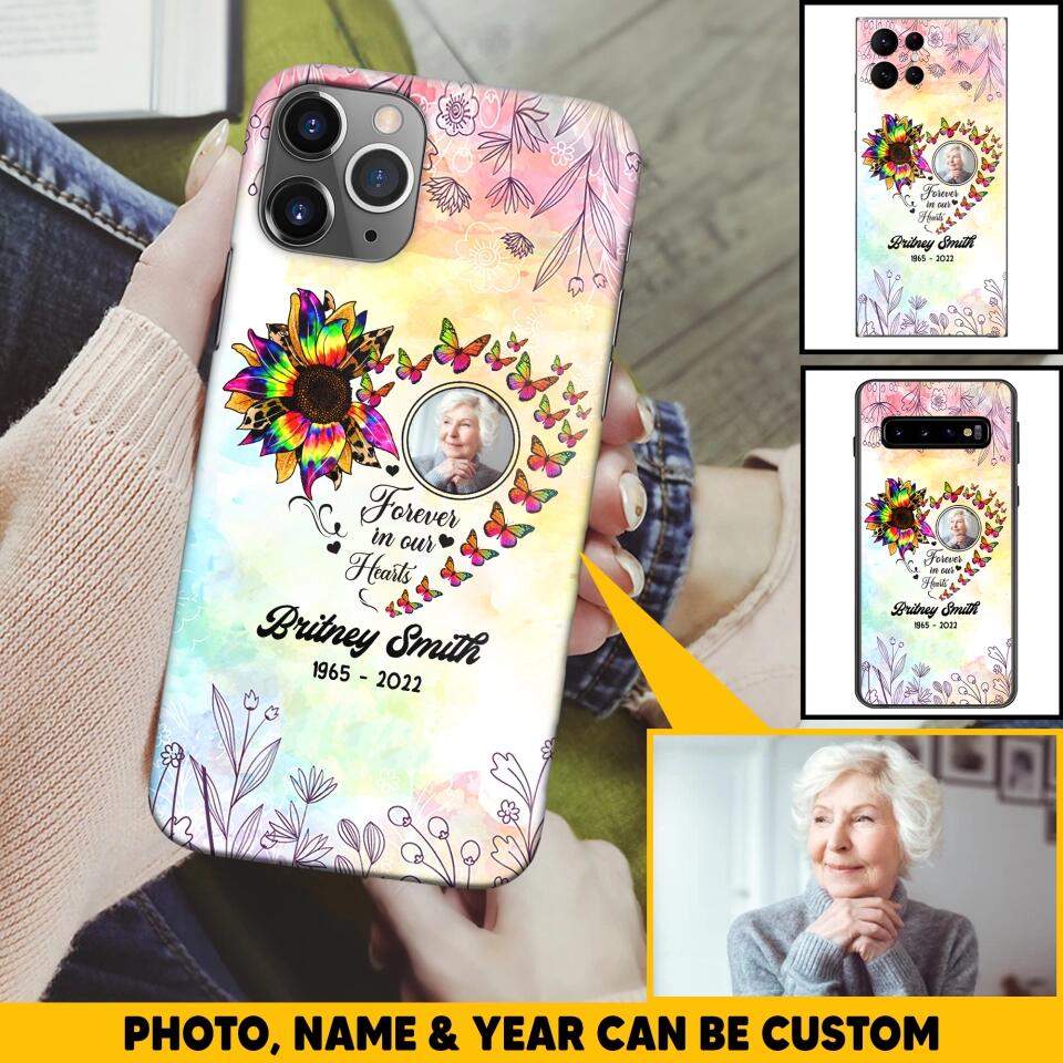 Memorial Upload Photo, Sunflower Heart Forever In Our Hearts Personalized Phone case Printed QTHQ2002