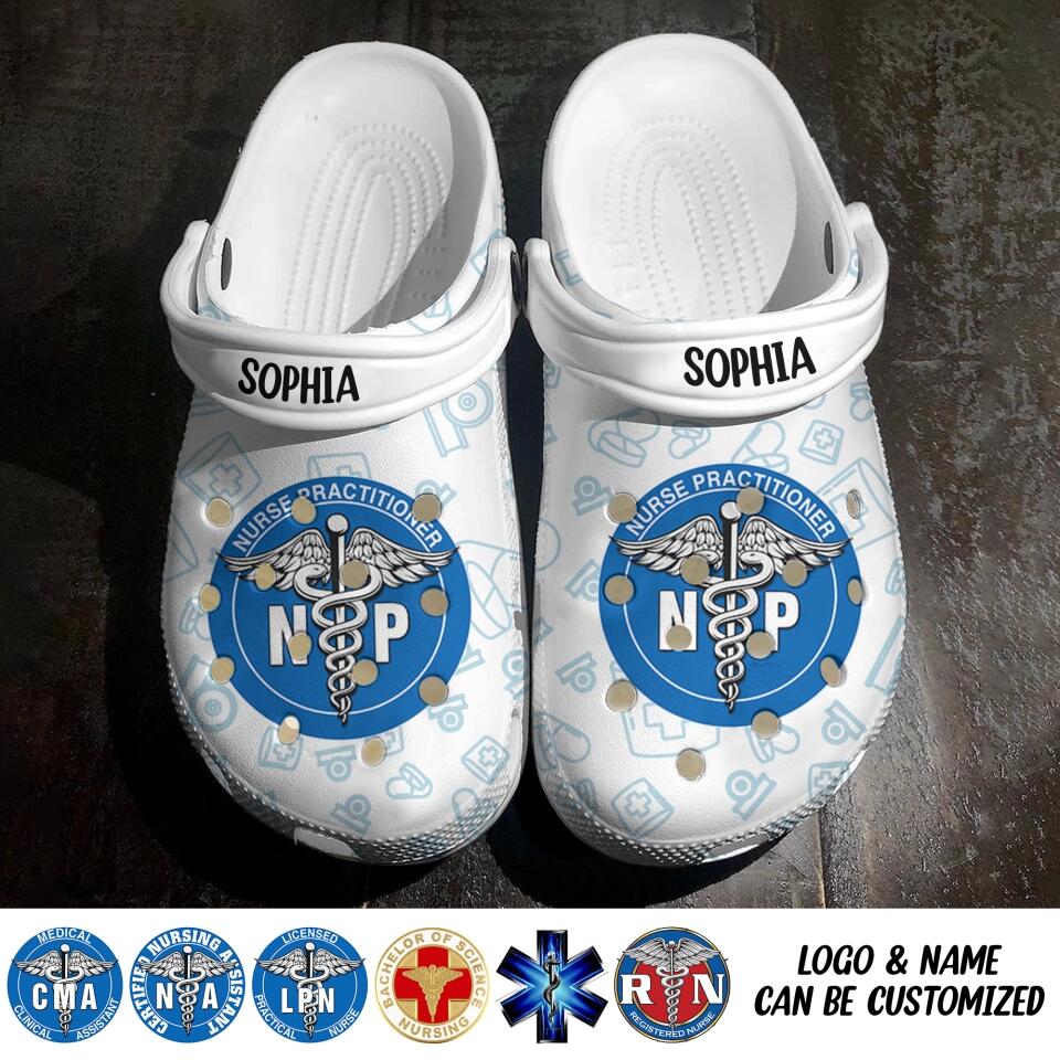 Personalized Medical Logo Nurse Practitioner & Name Clog Slipper Shoes Printed 23FEB-DT21