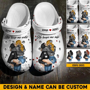 Personalized He Keeps Me Safe Couple & Name Clog Slipper Shoes Printed PNQH2302