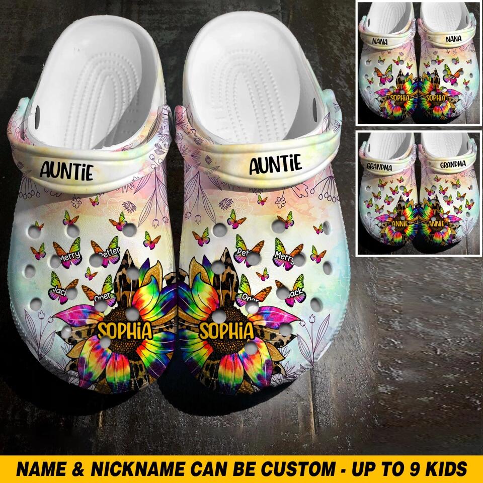 Personalized Sunflower Butterflys Grandma & Kid's Name Clog Slipper Shoes Printed QTHQ2302