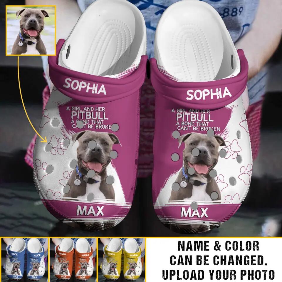 Personalized Upload Your Pitbull Photo A Girl And Her Pitbull A Bond That Can't Be Broken Your Own Pitbull Image Clog Slipper Shoes Printed 23FEB-VD23