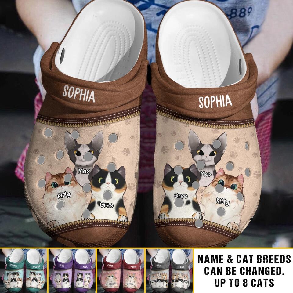 Personalized Colorful Background Cats with Name Cat Lovers Gift Clog Slipper Shoes Leather Printed 23FEB-VD23