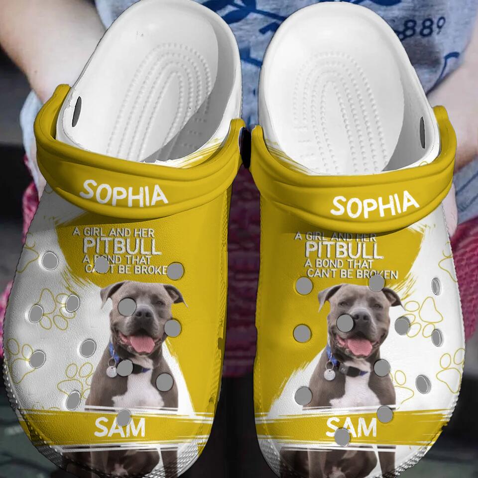 Personalized Upload Your Pitbull Photo A Girl And Her Pitbull A Bond That Can't Be Broken Your Own Pitbull Image Clog Slipper Shoes Printed 23FEB-VD23