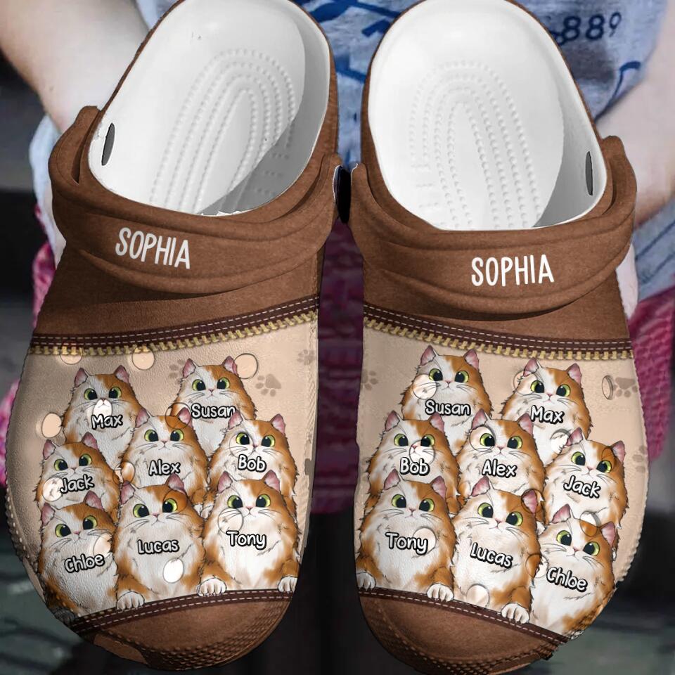 Personalized Colorful Background Cats with Name Cat Lovers Gift Clog Slipper Shoes Leather Printed 23FEB-VD23