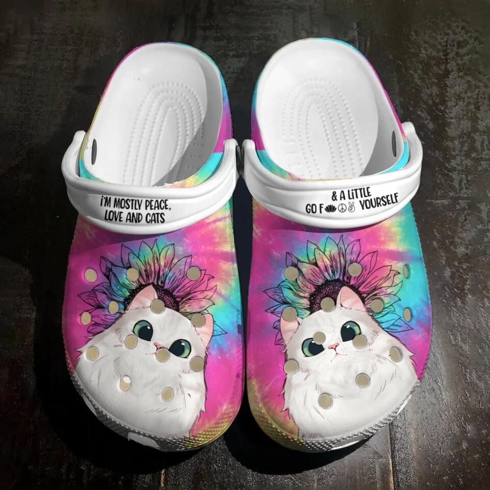 Personalized I'm Mostly Peace Love and Cats Clog Slipper Shoes Printed QTDT0203