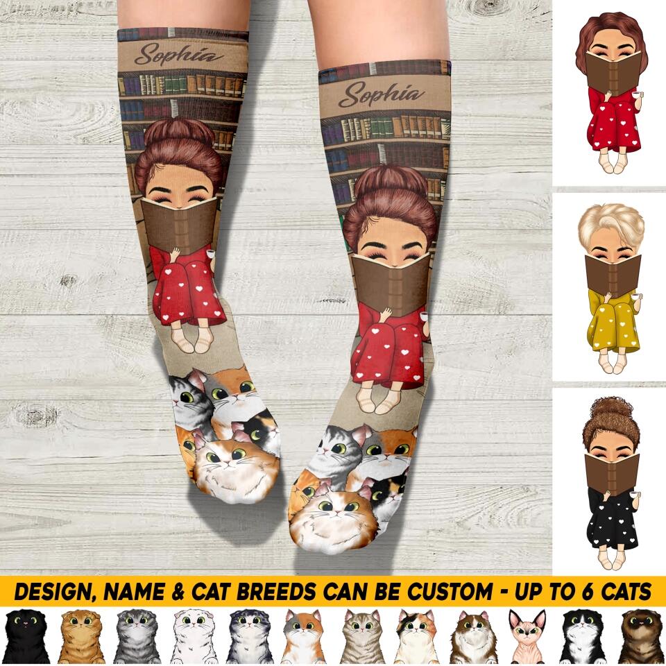 Personalized Girl Loves Books And Cats Crew Socks Printed PNHQ0303