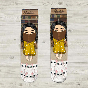 Personalized Girl Loves Books And Cats Crew Socks Printed PNHQ0303