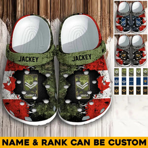 Personalized Canadian Soldier/ Veteran Rank Camo Flag Clog Slipper Shoes Printed 23MAR-HQ09