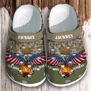 Personalized Eagle and Fire Skull US Soldier/ Veteran Rank Camo Clog Slipper Shoes Printed 23MAR-HQ09