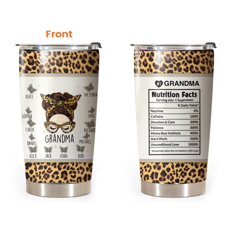 Personalized Grandma Aunt Mom Nana Nutrition Facts Kid Name Butterly Tumbler Printed QTDT1003