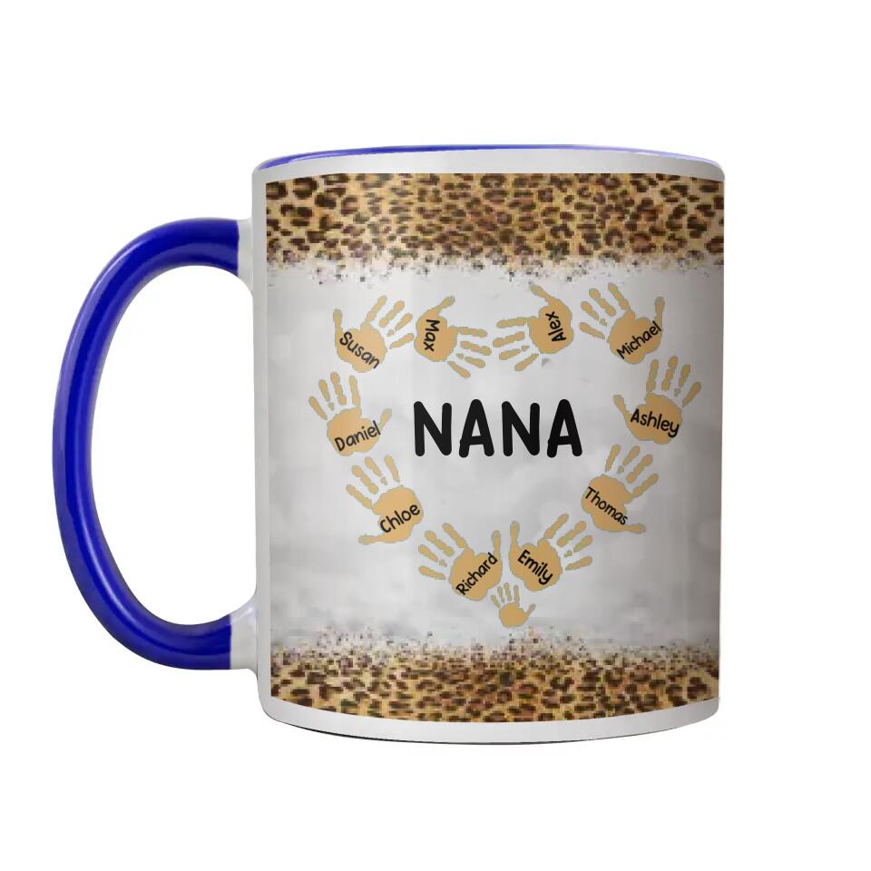 Personalized Grandma Aunt Mommy Kid Name Heart Hand Printed Accent Mug PNHQ1303