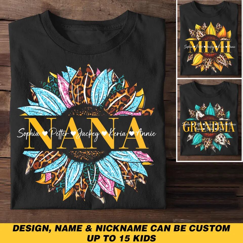 Personalized Grandma Aunt Mommy Nana Mimi Sunflower Kid Name Tshirt Printed 23MAR-HQ14