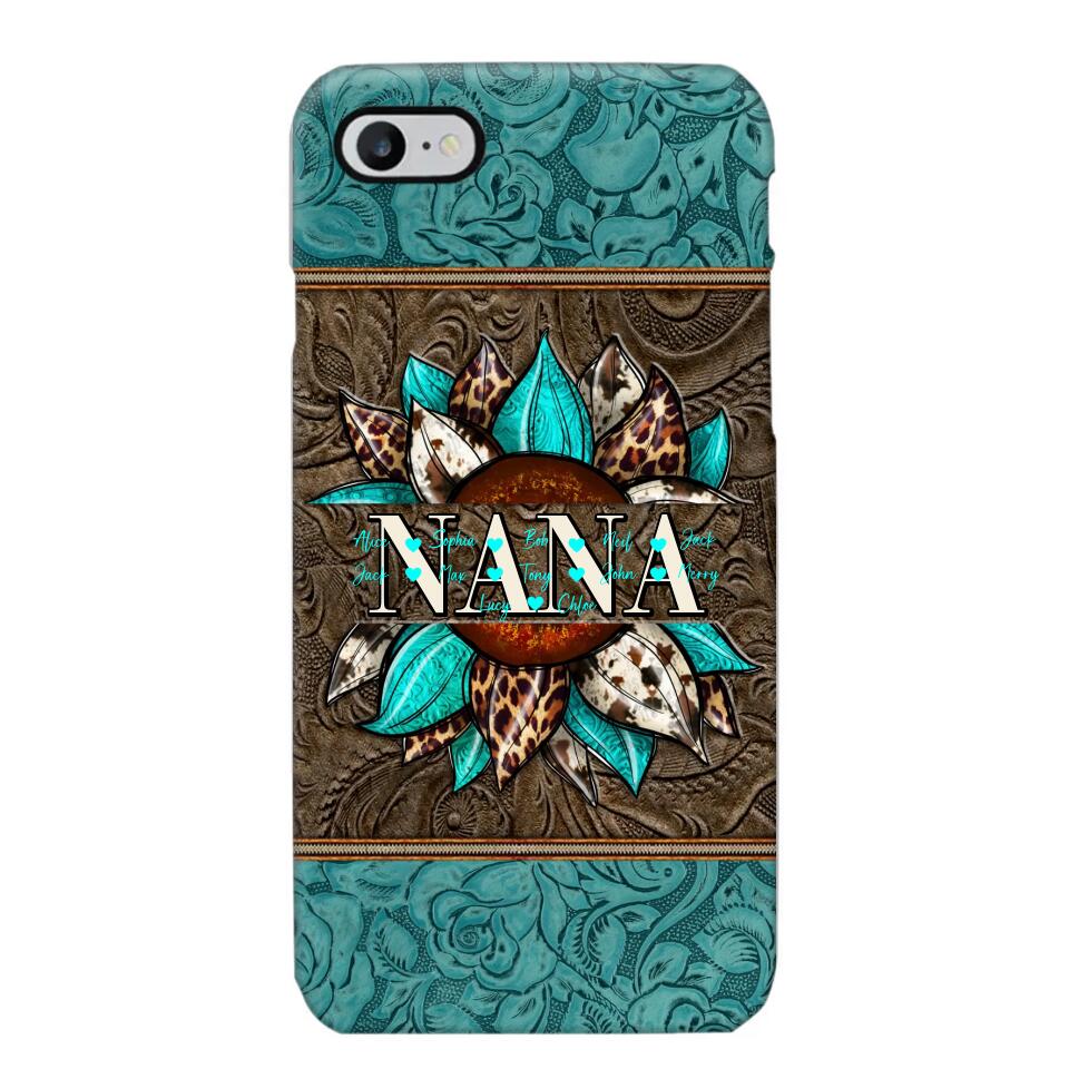 Personalized Sunflower Leather Grandma & Kid's Name Phonecase Printed 23MAR-HQ16