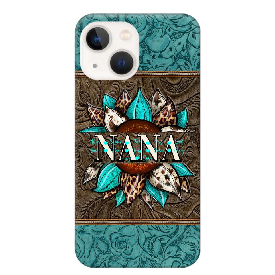 Personalized Sunflower Leather Grandma & Kid's Name Phonecase Printed 23MAR-HQ16