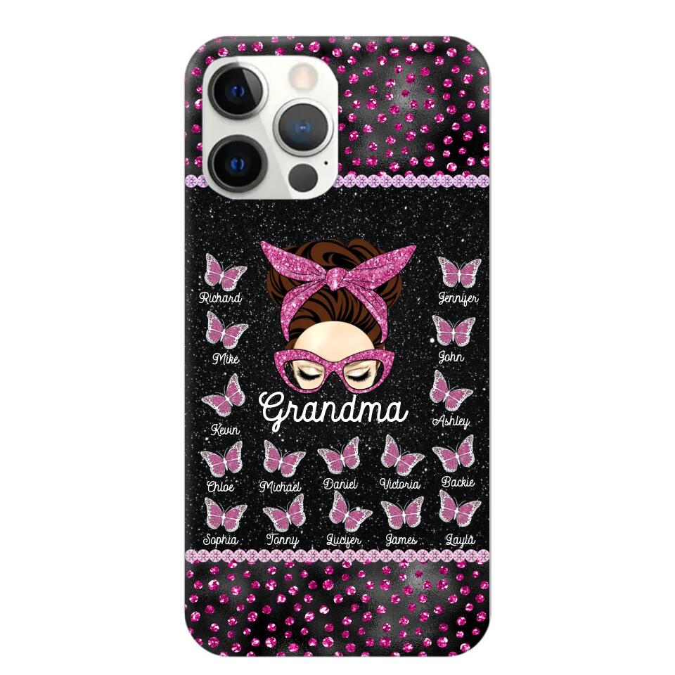 Personalized Grandma Nana Mom Aunt Pink Glam Glitter Buttterfly & Kid's Name Phonecase Printed PNDT2003