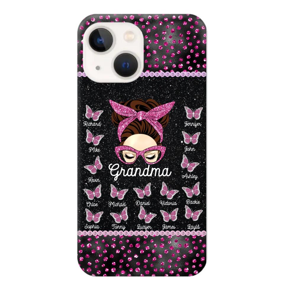 Personalized Grandma Nana Mom Aunt Pink Glam Glitter Buttterfly & Kid's Name Phonecase Printed PNDT2003