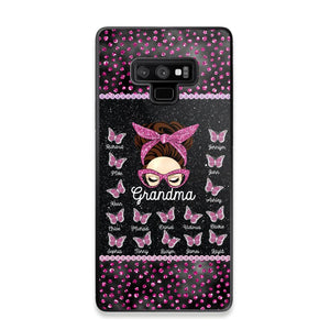 Personalized Grandma Nana Mom Aunt Pink Glam Glitter Buttterfly & Kid's Name Phonecase Printed PNDT2003