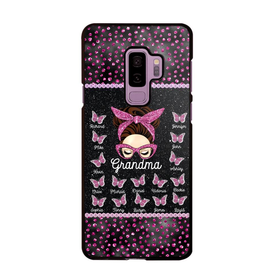 Personalized Grandma Nana Mom Aunt Pink Glam Glitter Buttterfly & Kid's Name Phonecase Printed PNDT2003