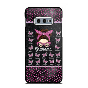 Personalized Grandma Nana Mom Aunt Pink Glam Glitter Buttterfly & Kid's Name Phonecase Printed PNDT2003