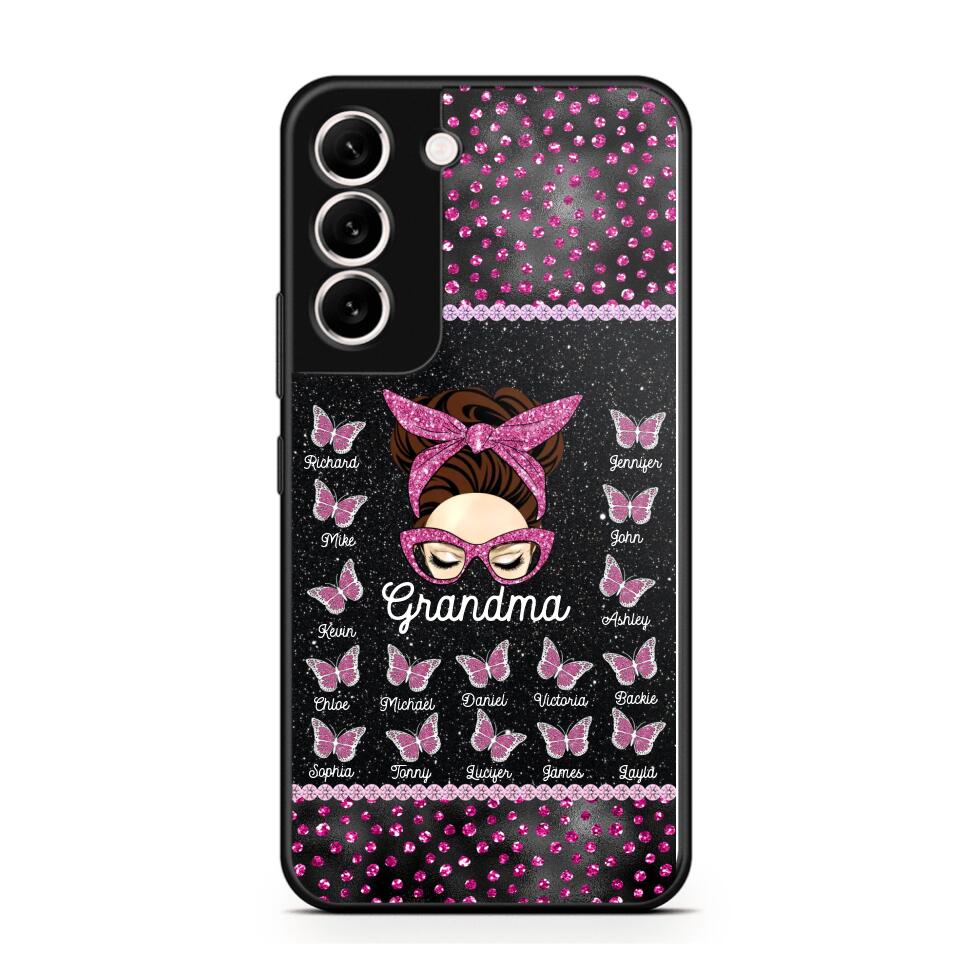 Personalized Grandma Nana Mom Aunt Pink Glam Glitter Buttterfly & Kid's Name Phonecase Printed PNDT2003