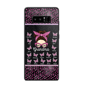 Personalized Grandma Nana Mom Aunt Pink Glam Glitter Buttterfly & Kid's Name Phonecase Printed PNDT2003